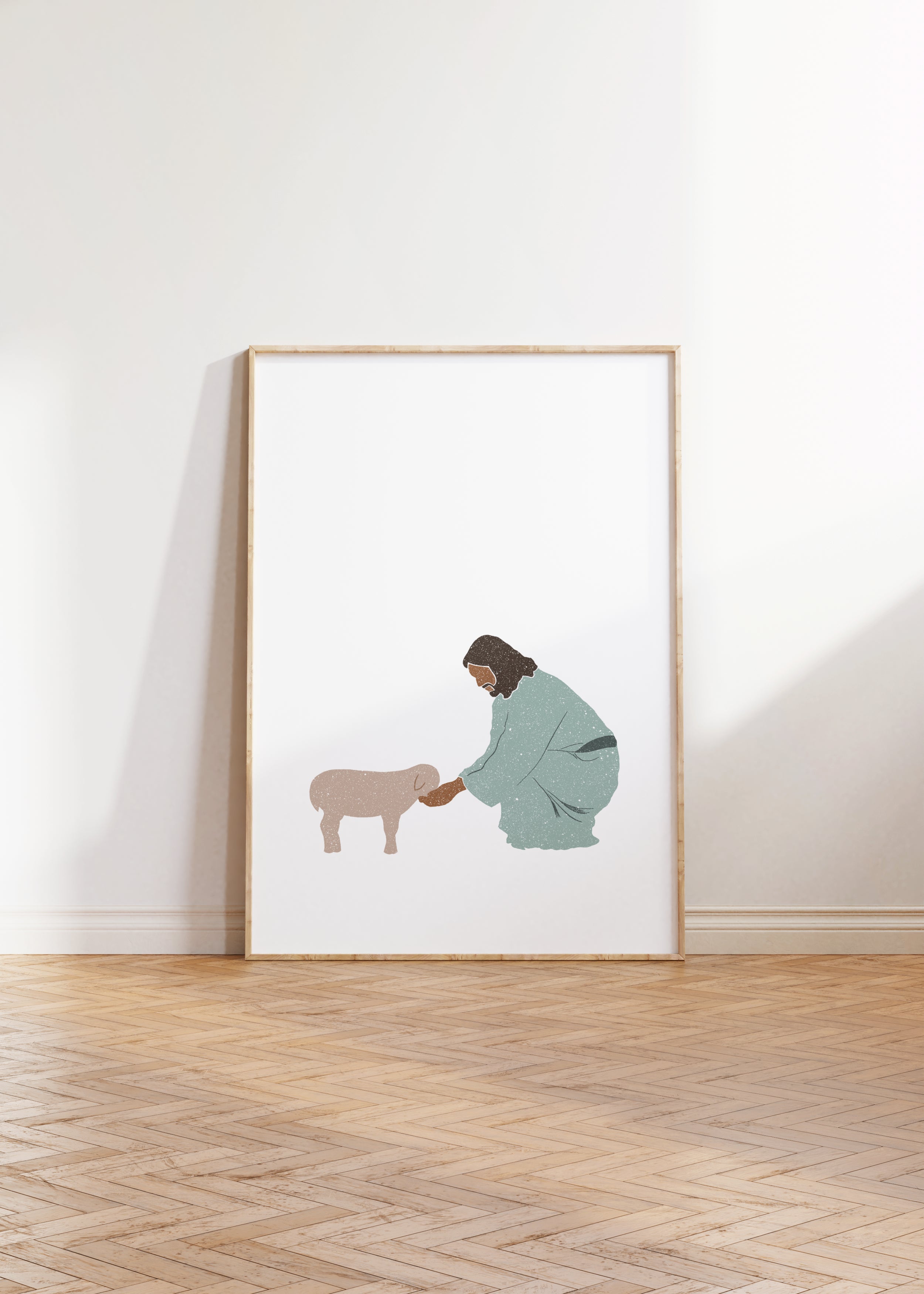 Minimal Good Shepherd poster, Jesus caring for lamb