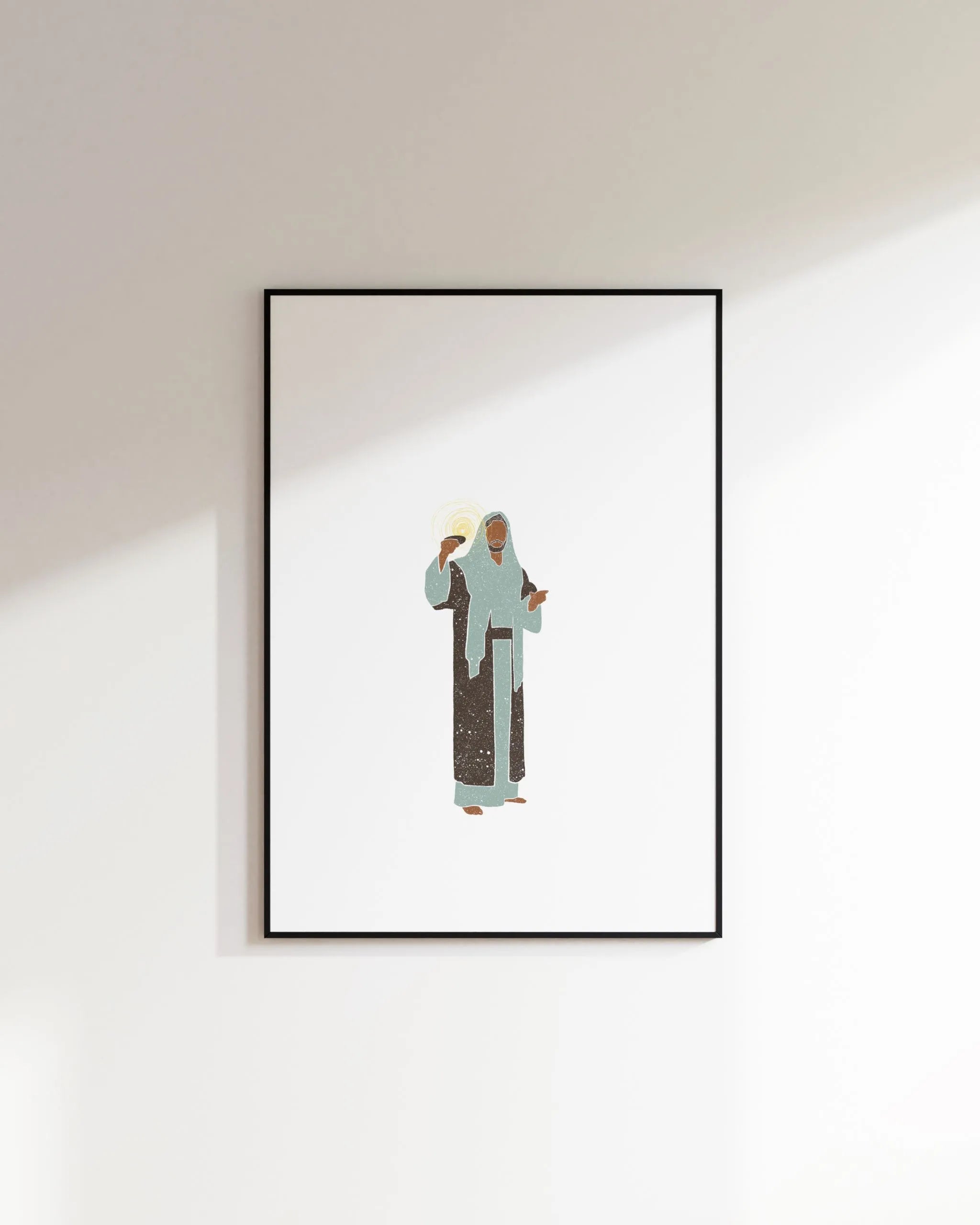 “Light of the World” Christian wall art in black frame.