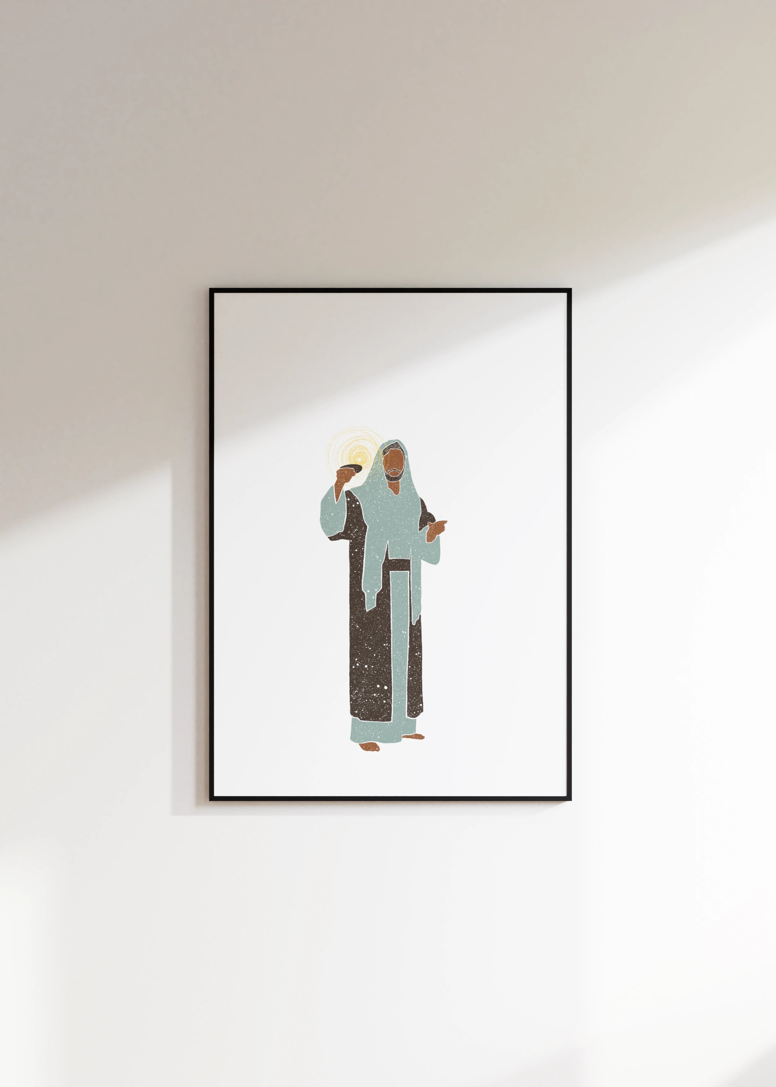 “Light of the World” Christian wall art in black frame.