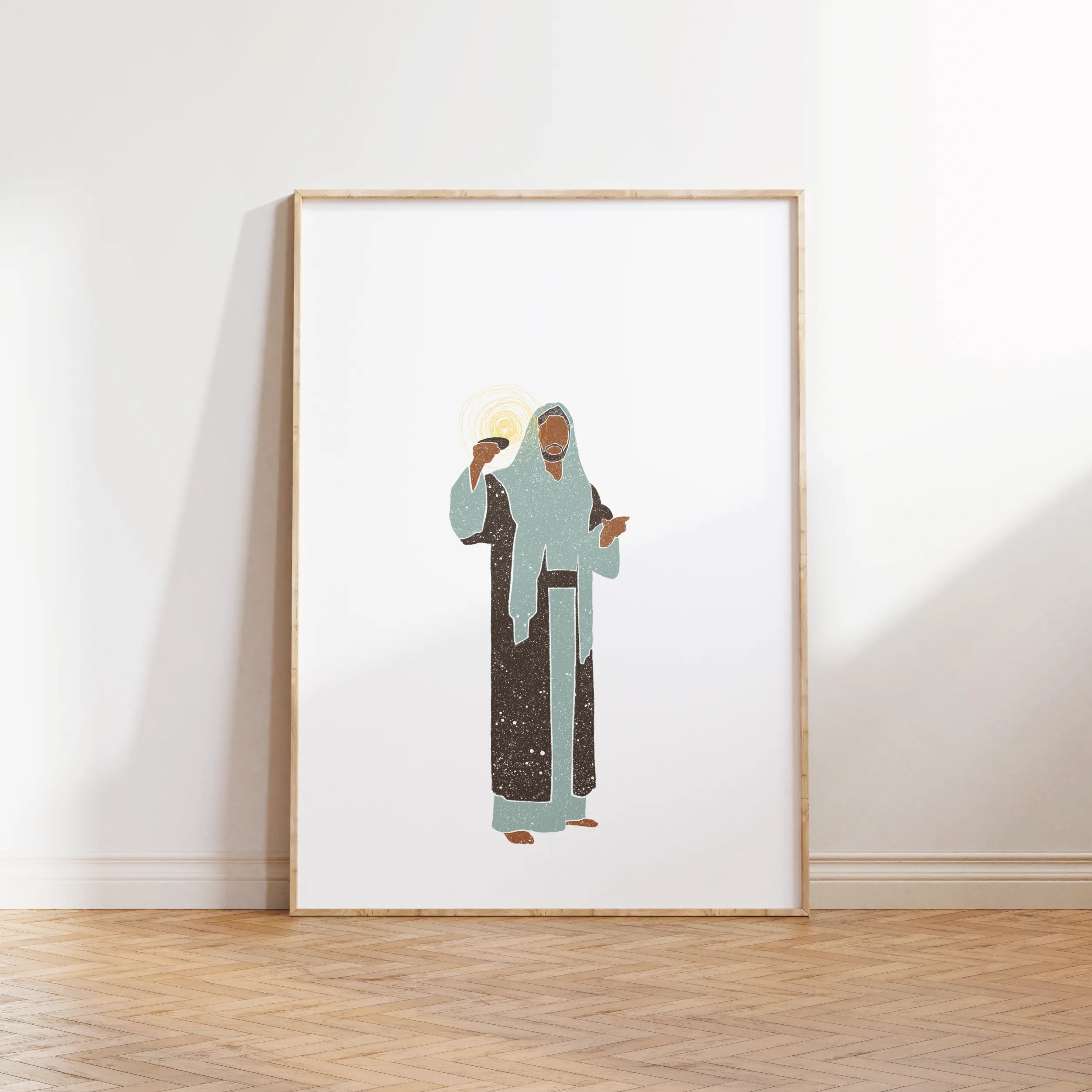 “Light of the World” framed Christian print leaning on floor.