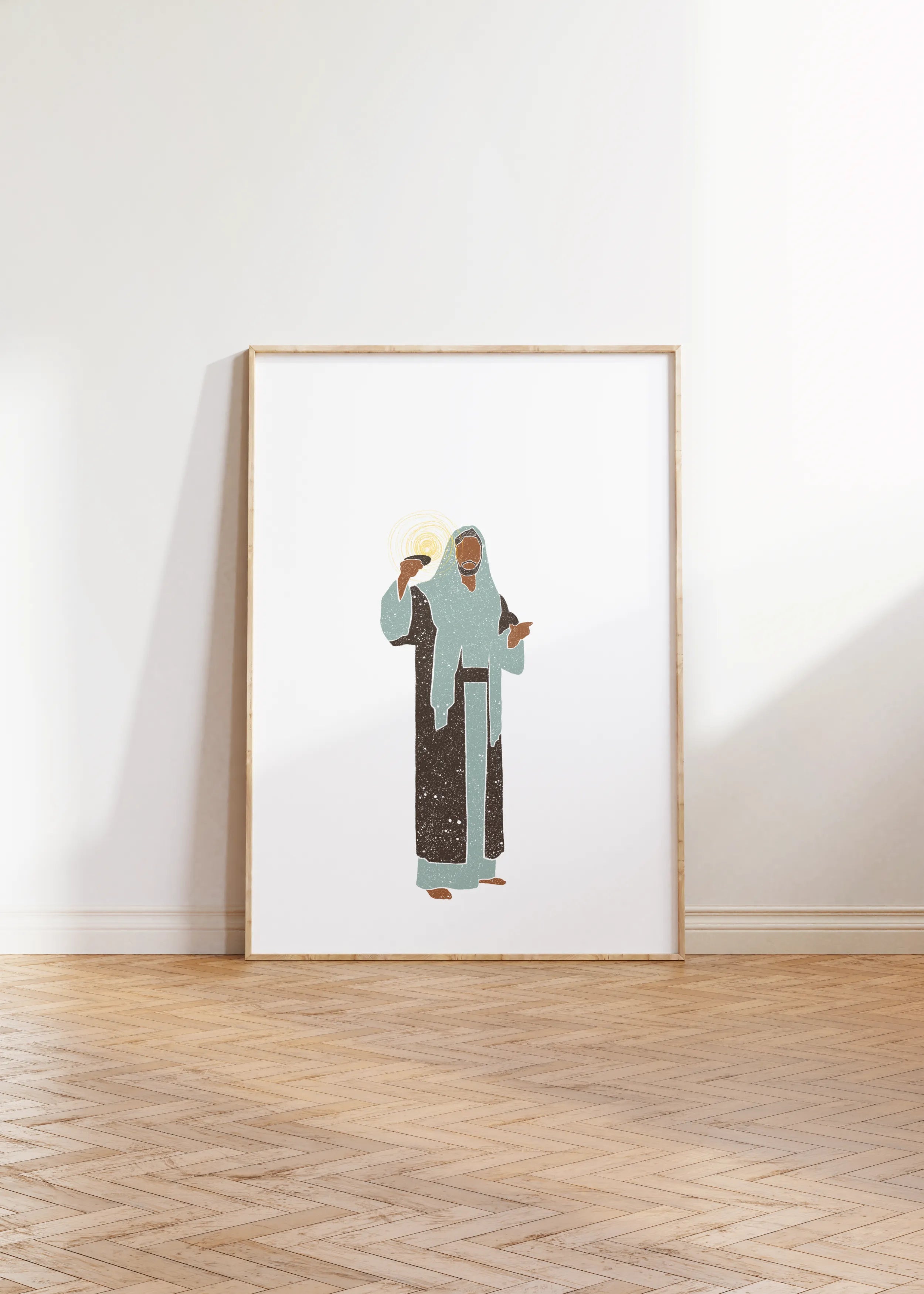 “Light of the World” framed Christian print leaning on floor.