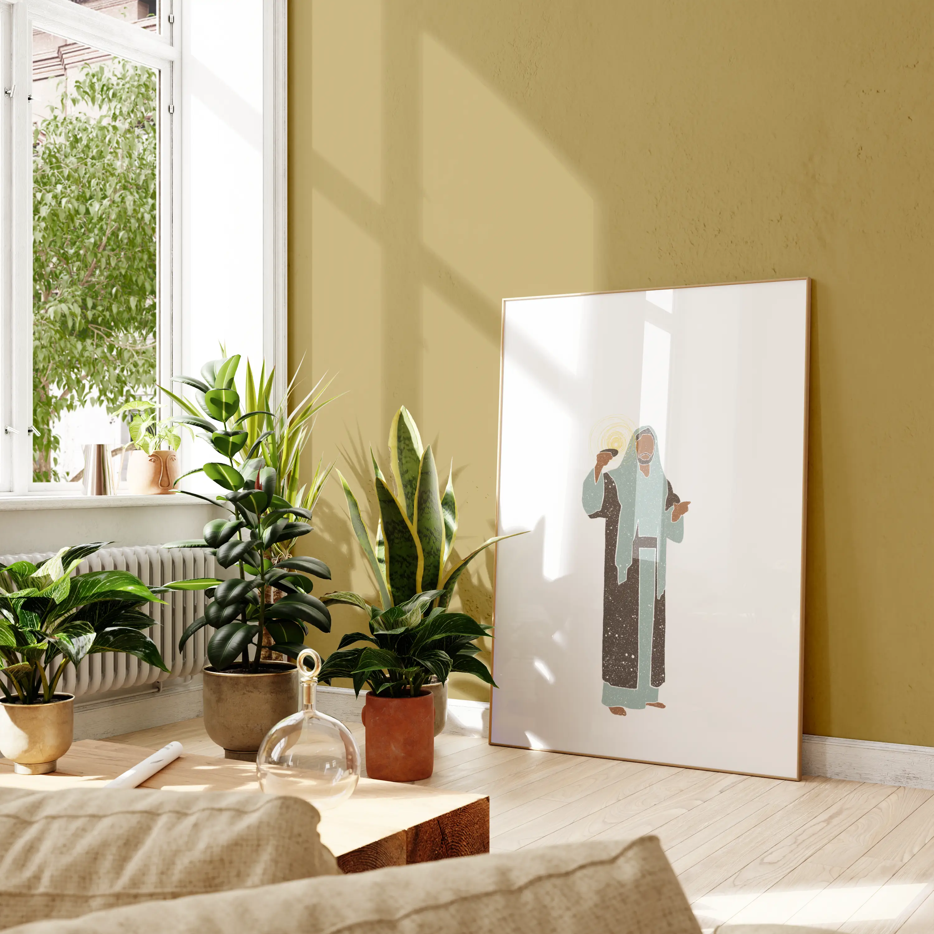 “Light of the World” Christian artwork in bright plant room.