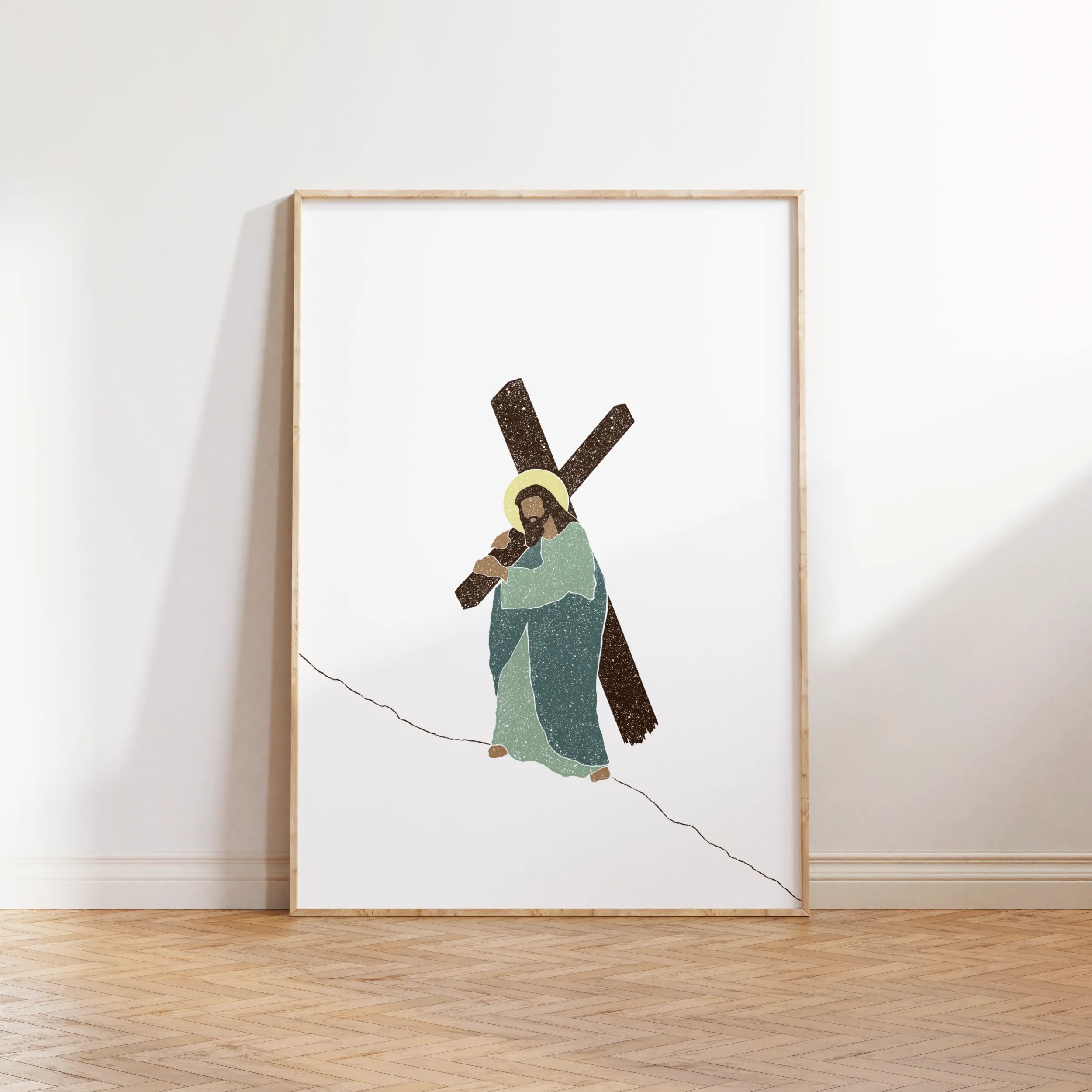“Weight of Mercy” Christian wall art leaning on floor.
