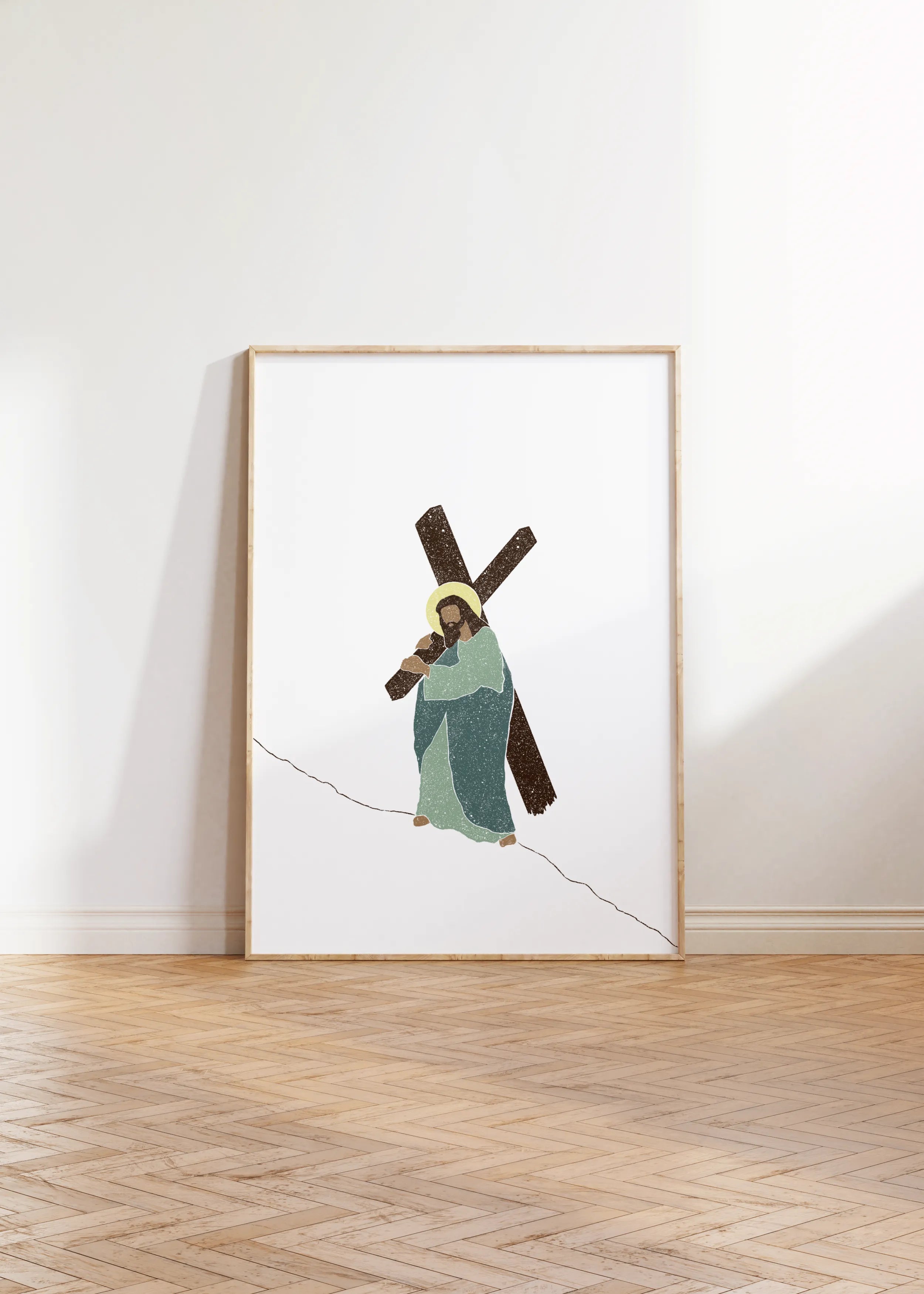 “Weight of Mercy” Christian wall art leaning on floor.
