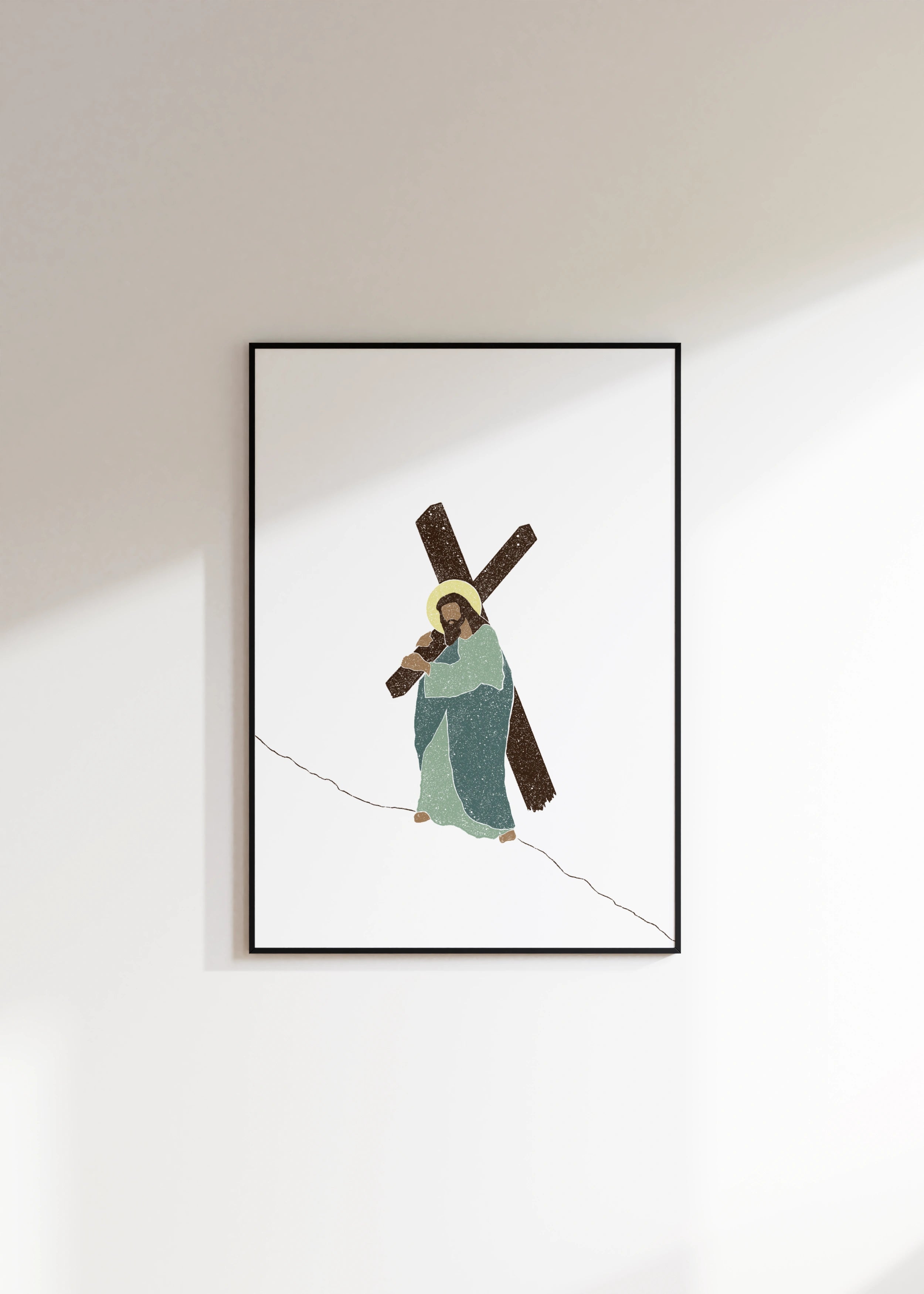 “Weight of Mercy” Christian print on white wall.